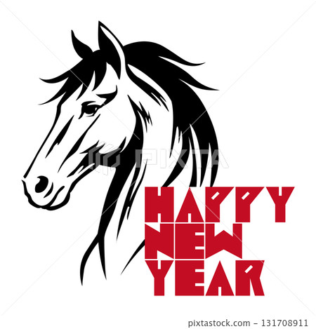 馬的輪廓和新年快樂標誌（新年賀卡插圖素材） 131708911