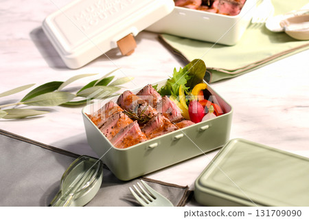 Roast beef bento served in a Scandinavian-style lunch box 131709090