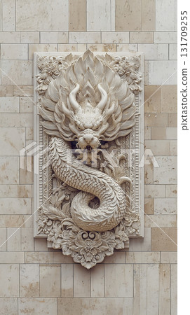 A three-dimensional mural of a dragon carved into the wall 131709255