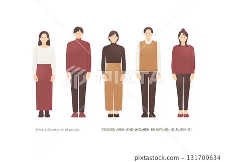 Vector illustration of a group of five young people in casual autumn attire standing facing forward 131709634
