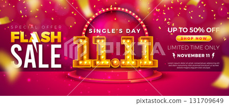 Singles Day 11 November Shopping Day Sale Design with 3d 11.11 Light Bulb Number, Stage Podium and Falling Confetti on Red Background. Chinese Mid Autumn Vector Special Offer Discount Illustration for Singles Day 11 November Shopping Day Sale Design with 3d 11.11 Light Bulb Number, Stage Podium and Falling Confetti on Red Background. Chinese Mid Autumn Vector Special Offer Discount Illustration for 131709649