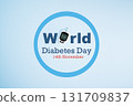 Blue circle symbol with glucose meter and World Diabetes Day inscription, global awareness poster, health and medical concept. World diabetes day banner for design. 131709837
