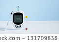 Diabetes treatment composition, glucose meter with insulin vial and injection syringe, medical control of sugar level, healthcare concept. Diabetes, blood sugar testing and insulin therapy concept. 131709838