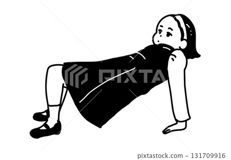 坐著向後傾斜的女孩的插圖(單色線條畫) 坐著向後傾斜的女孩的插圖(單色線條畫) 131709916