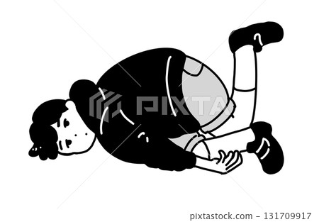 Illustration of a child lying down and raising his legs (monochrome line drawing) Illustration of a child lying down and raising his legs (monochrome line drawing) 131709917