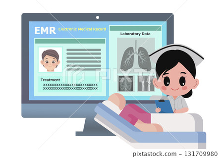 Cartoon picture of electornic medical record on computer monitor with working nurse. Cartoon picture of electornic medical record on computer monitor with working nurse. 131709980