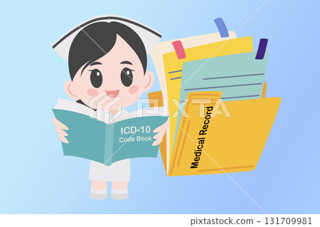 Cartoon nurse holds ICD-10 code book with medical record folder. 131709981