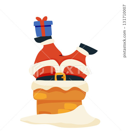 Santa Claus stuck in a chimney holding a gift box. Flat vector illustration on a white background. Christmas and New Year celebration concept. Flat vector cartoon isolated illustration. Santa Claus stuck in a chimney holding a gift box. Flat vector illustration on a white background. Christmas and New Year celebration concept. Flat vector cartoon isolated illustration. 131710007