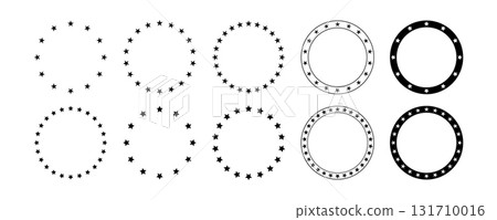 Star circle frame set. Round star shape border. European emblem design. Circular geometric badge. Vector illustration isolated on white background 131710016
