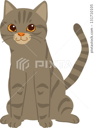 a cute gray tabby cat sitting with a happy face perfect for children art, decor, and pet themed projects 131710105