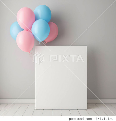 Pastel pink and blue balloons with blank square poster minimalist mockup for baby shower, gender reveal, and kids party promos Pastel pink and blue balloons with blank square poster minimalist mockup for baby shower, gender reveal, and kids party promos 131710120