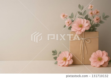 Gift box with pink flowers on beige background, minimalist floral composition 131710132