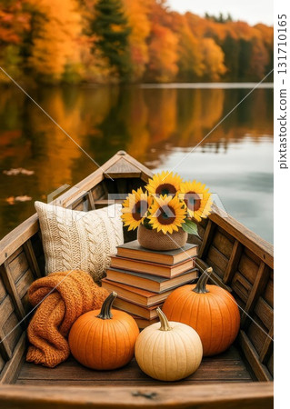 Cozy autumn lake scene with pumpkins books sunflowers and blanket in boat 131710165