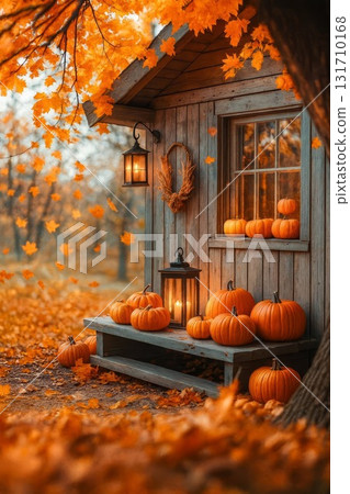 Pumpkins and lanterns on rustic wooden porch with autumn maple leaves, fall porch decor, Halloween harvest rural at dusk Pumpkins and lanterns on rustic wooden porch with autumn maple leaves, fall porch decor, Halloween harvest rural at dusk 131710168