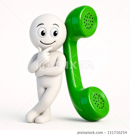 Smiling mascot with green retro phone receiver, contact Smiling mascot with green retro phone receiver, contact 131710254