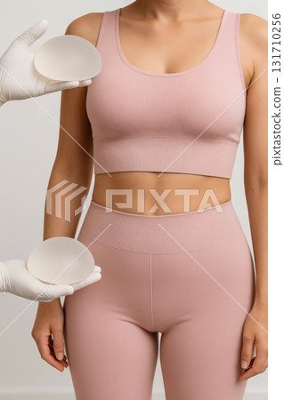 Plastic surgeon showing silicone breast implants to woman in pink sportswear during consultation for augmentation surgery Plastic surgeon showing silicone breast implants to woman in pink sportswear during consultation for augmentation surgery 131710256