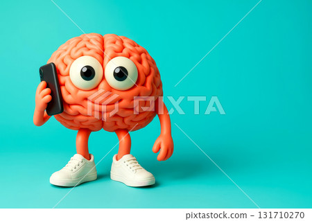 Cute brain character holding smartphone to ear as if talking on the phone, 3D cartoon on turquoise background 131710270