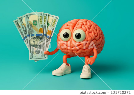 Cute cartoon brain holding cash dollars, 3D character on turquoise background 131710271