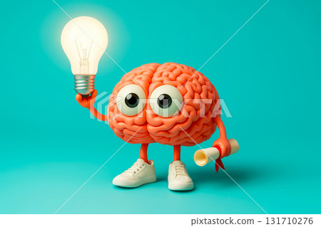 Cute 3D brain with lightbulb and diploma on teal background, education and idea concept 131710276