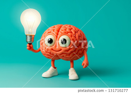 Cute 3D Brain Holding Lightbulb on Teal - Idea and Creativity Concept 131710277