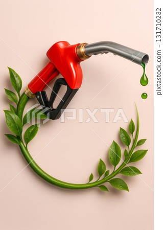 Eco fuel nozzle with green drop and leaf swirl. symbolizing biofuel, renewable power, lower emissions and sustainable transport. Eco fuel nozzle with green drop and leaf swirl. symbolizing biofuel, renewable power, lower emissions and sustainable transport. 131710282