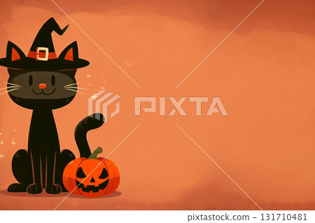 Halloween background with black cat and pumpkin. Flat Illustration. 131710481