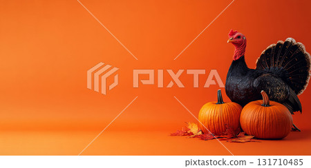 Thanksgiving turkey and pumpkins on orange background with copy space.  131710485