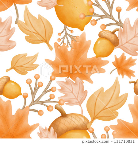 Thanksgiving seamless watercolor pattern with pumpkin turkey and autumn leaves 131710831