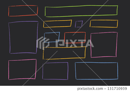 Crayon rectangular text boxes with hand drawn textured borders in vibrant colors. Rough edged chalk frames on blackboard background for titles or highlight elements in creative presentations. Crayon rectangular text boxes with hand drawn textured borders in vibrant colors. Rough edged chalk frames on blackboard background for titles or highlight elements in creative presentations. 131710939