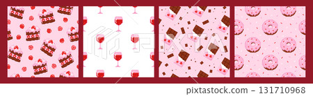 Set of seamless patterns with pixel cake, chocolate and donut. Hand drawn vector illustration for wrapping paper, textile, fabric. 131710968