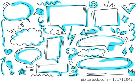 Hand drawn set of notes, arrows, lines, highlights, signs, and symbols with blue accent Hand drawn set of notes, arrows, lines, highlights, signs, and symbols with blue accent 131711042