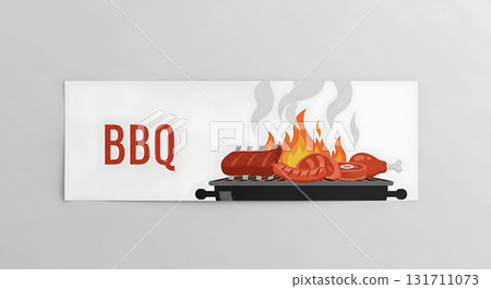 BBQ text next to a cartoon-style grill with flames and various meats cooking, including sausage, steak, and drumstick. Gray smoke rises above, creating a lively barbecue scene 131711073