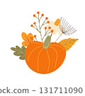 Colorful autumn pumpkin and forest leaves and flowers clipart. Vector illustration Isolated on white background. Seasonal harvest design for greeting or poster. 131711090