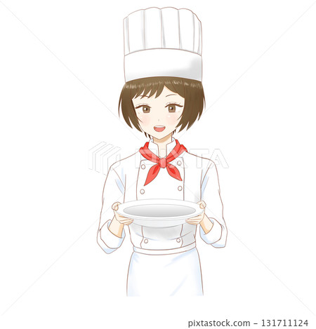 Smiling female pastry chef holding plates arranged on a transparent background 131711124