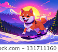A Mameshiba Inu jumping on a snowboard with Mount Fuji and the sunrise in the background | A dazzling scene of a lively Shiba Inu dancing in the snowy mountains 131711160