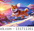 A Mameshiba Inu jumping on a snowboard with Mount Fuji and the sunrise in the background | A dazzling scene of a lively Shiba Inu dancing in the snowy mountains 131711161