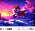A Mameshiba Inu jumping on a snowboard with Mount Fuji and the sunrise in the background | A dazzling scene of a lively Shiba Inu dancing in the snowy mountains 131711162