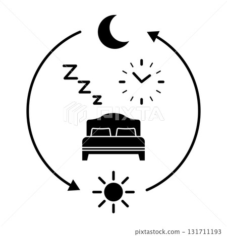 Circadian rhythm concept with bed clock sun and moon icons showing day and night sleep cycle healthy lifestyle balance rest and wake routine illustration minimal flat design 131711193