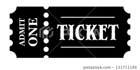 Black admit one ticket icon illustration. Simple cinema ticket symbol for movie, event, theater, concert, fair, festival, or entry pass design. Minimal monochrome vintage retro ticket template concept 131711199