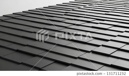 Dark, overlapping roofing tiles create a sleek, geometric pattern, with lines receding into the distance. The tiles have a matte finish, enhancing the modern, structured design 131711232