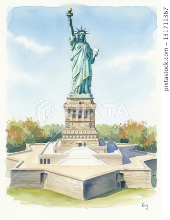 A watercolor illustration of the Statue of Liberty in New York, USA, standing majestically under a blue sky 131711367