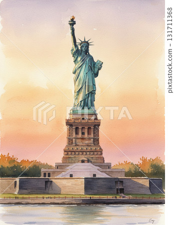 A watercolor illustration of the Statue of Liberty in New York, USA, standing majestically under the setting sun 131711368