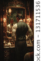 A man standing in front of a mirror in an antique-style room A man standing in front of a mirror in an antique-style room 131711536