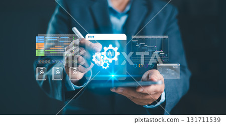 Futuristic AI technology for business project management, data analysis and workflow automation. Innovation in artificial intelligence solutions for digital transformation. project management. 131711539