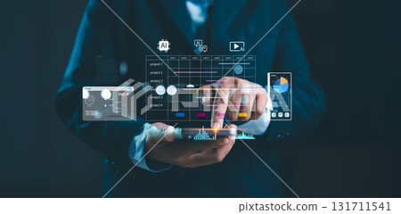 Businesswoman using AI technology on smartphone for project management, workflow automation and data visualization. Artificial intelligence solutions for mobile business innovation. project management 131711541