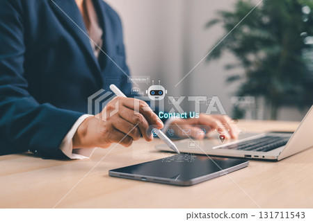 Business professional using tablet with stylus selecting AI chatbot contact us icon, futuristic digital communication, online customer service, virtual assistant, corporate technology concept. 131711543