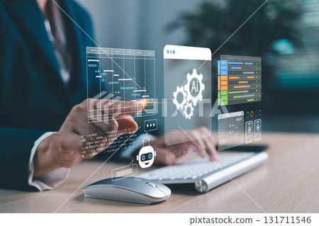 Businesswoman using AI virtual interface with touchscreen for project management, workflow automation and data analytics. Modern artificial intelligence in digital workplace innovation. AI project 131711546