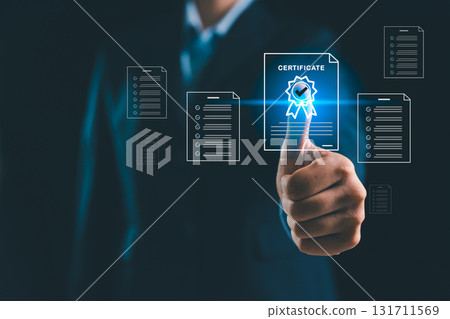 Businesswoman shows approved certificate and checklist document online, representing concept of top service, quality management, adherence to ISO standards globally trusted certificate in business. 131711569