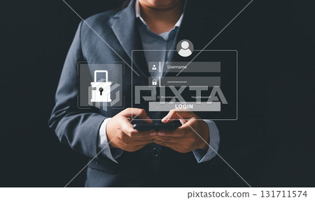 Businesswoman is securing laptops and protecting personal data through virtual interfaces, preventing online theft by applying key cybersecurity. UX design, mobile apps, User login interface concept. 131711574