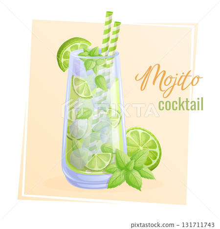 Mojito cocktail in a glass, ice, mint, lime wedges. The concept of a party, cocktail bar, summer. Isolated vector illustration for menu design, posters, banners, covers 131711743